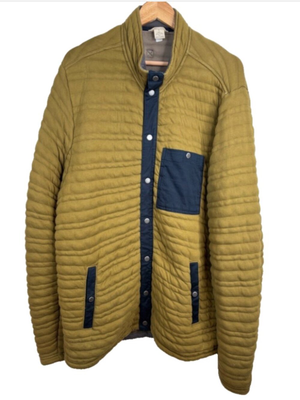 Duluth Trading Mens Flintlock Full Snap Mock Neck Olive Navy Quilt Jacket L READ